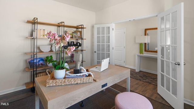 office area featuring french doors and dark wood-type flooring