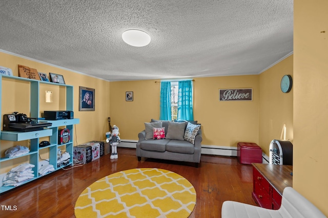 living room with baseboard heating, dark wood-type flooring, a textured ceiling, and ornamental molding