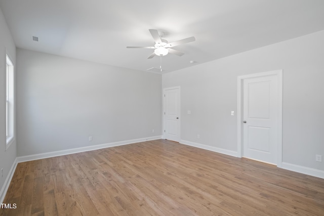625 Spellbrook Rd, Zebulon, NC 27597 - empty room with visible vents, baseboards, light wood-style floors, and ceiling fan