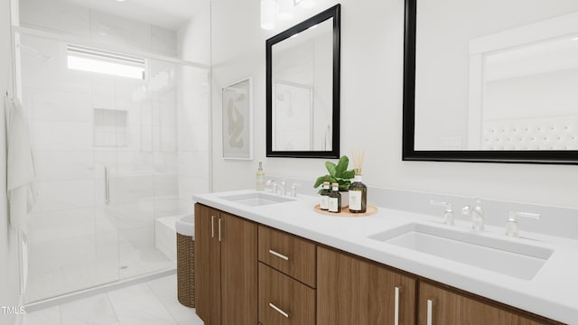 bathroom featuring vanity and a shower with shower door