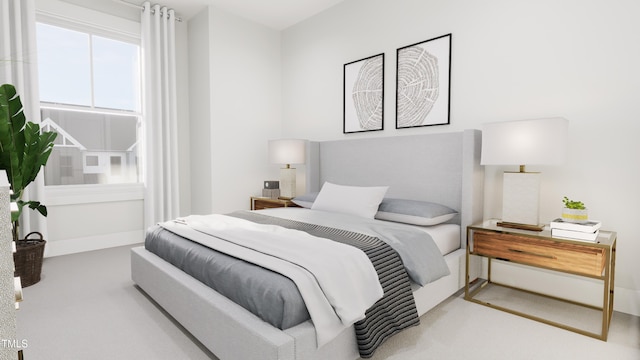 bedroom featuring light colored carpet