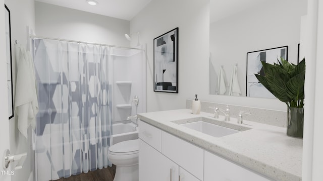 full bathroom featuring shower / tub combo, vanity, and toilet