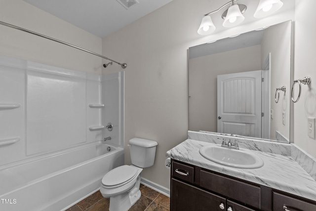 full bath featuring baseboards, visible vents, toilet, shower / tub combination, and vanity