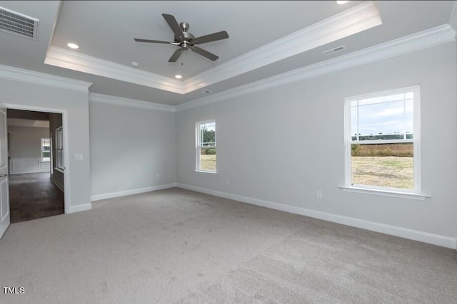 carpeted empty room with crown molding, a raised ceiling, and ceiling fan