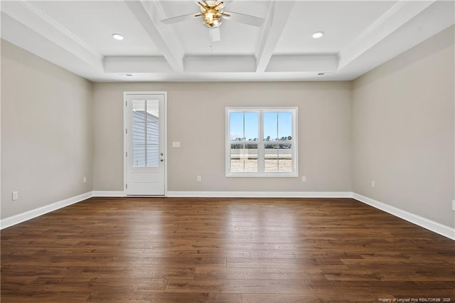 empty room with a ceiling fan, wood finished floors, baseboards, ornamental molding, and beamed ceiling