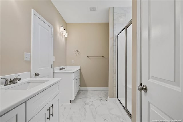 bathroom with visible vents, two vanities, a stall shower, a sink, and marble finish floor