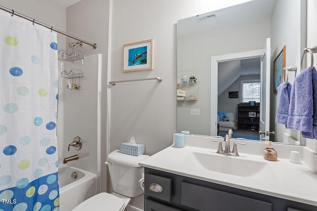 full bathroom with vanity, toilet, and shower / bathtub combination with curtain