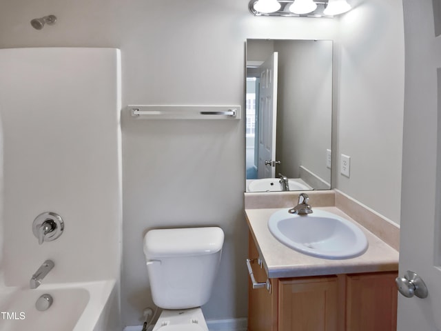 full bathroom with vanity, toilet, and washtub / shower combination