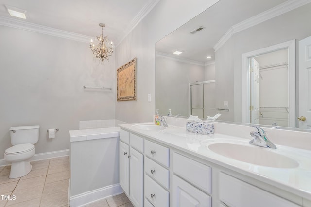 bathroom with tile patterned flooring, a chandelier, toilet, vanity, and ornamental molding