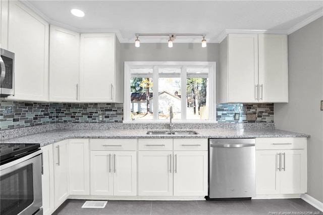 kitchen with sink, white cabinetry, and stainless steel appliances