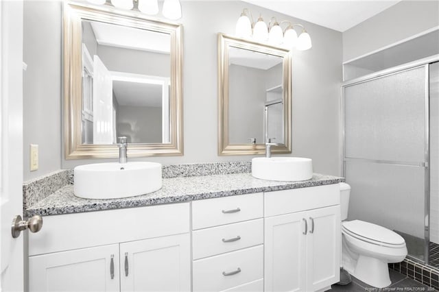 bathroom with vanity, an enclosed shower, and toilet