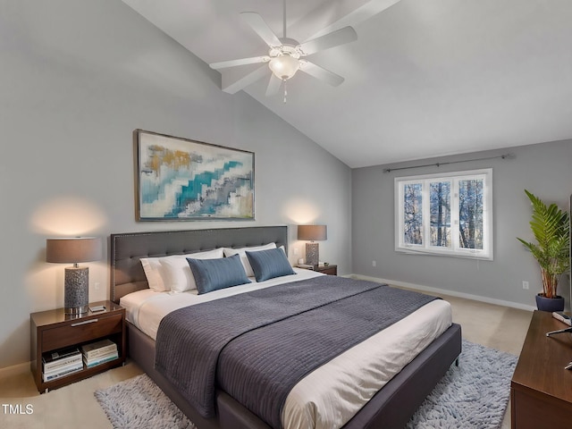 bedroom featuring vaulted ceiling, ceiling fan, light colored carpet, and baseboards