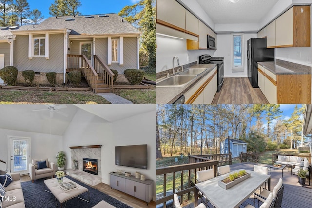 exterior space with appliances with stainless steel finishes, lofted ceiling, sink, light wood-type flooring, and ceiling fan