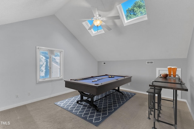 3617 Top Of The Pines Ct, Raleigh, NC 27604 - game room with a skylight, a ceiling fan, lofted ceiling, billiards, and carpet floors