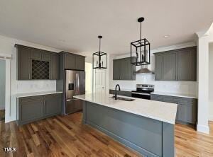 kitchen featuring sink, stainless steel appliances, light hardwood / wood-style flooring, decorative light fixtures, and a center island with sink