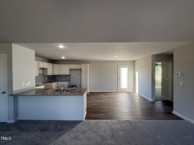 kitchen featuring white cabinets, dark colored carpet, sink, decorative backsplash, and kitchen peninsula