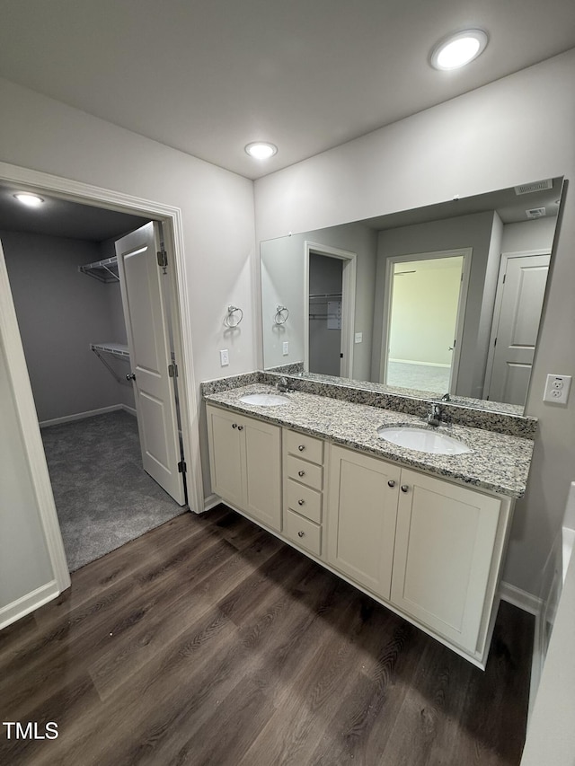 bathroom featuring hardwood / wood-style floors and vanity