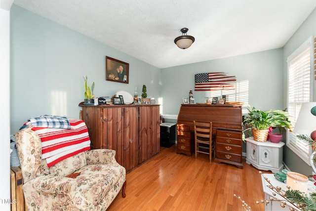 sitting room with wood-type flooring and a textured ceiling