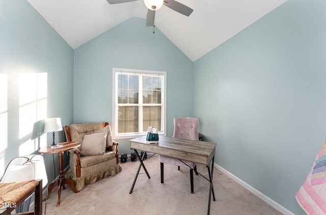 office with light carpet, ceiling fan, and vaulted ceiling