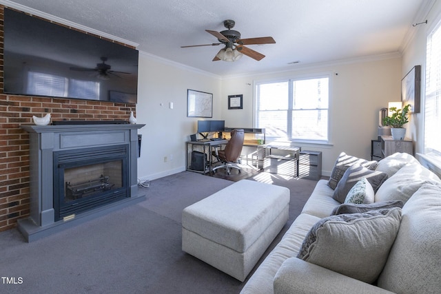 carpeted living room featuring ceiling fan and ornamental molding