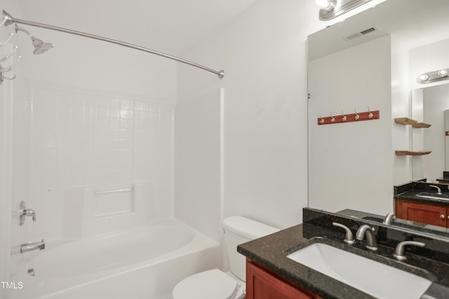 full bathroom with bathing tub / shower combination, vanity, and toilet