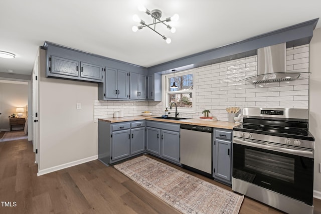 kitchen with sink, stainless steel appliances, wall chimney range hood, a notable chandelier, and backsplash