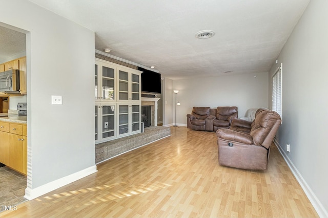 living room featuring light hardwood / wood-style floors and a fireplace