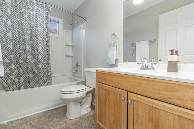 full bathroom featuring shower / bath combination with curtain, vanity, and toilet