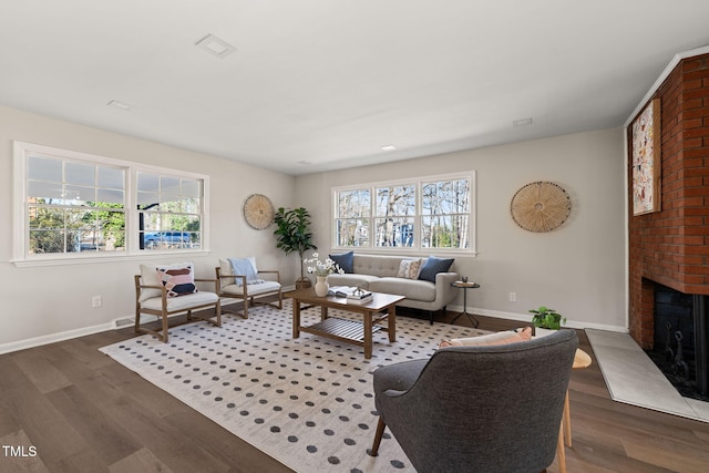 living room with a fireplace and wood-type flooring