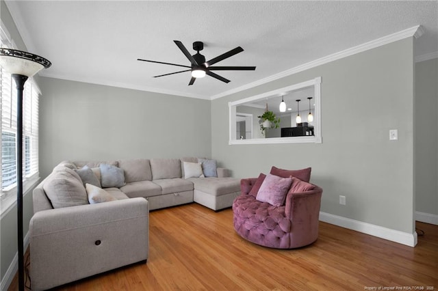 living room featuring crown molding, ceiling fan, a textured ceiling, and hardwood / wood-style flooring