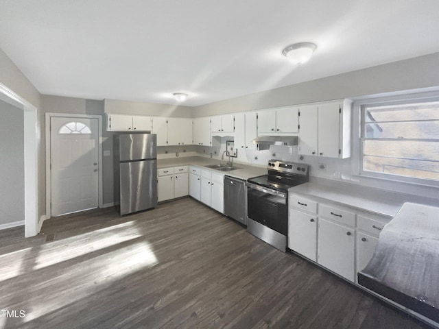 kitchen featuring white cabinetry, sink, dark hardwood / wood-style floors, and appliances with stainless steel finishes