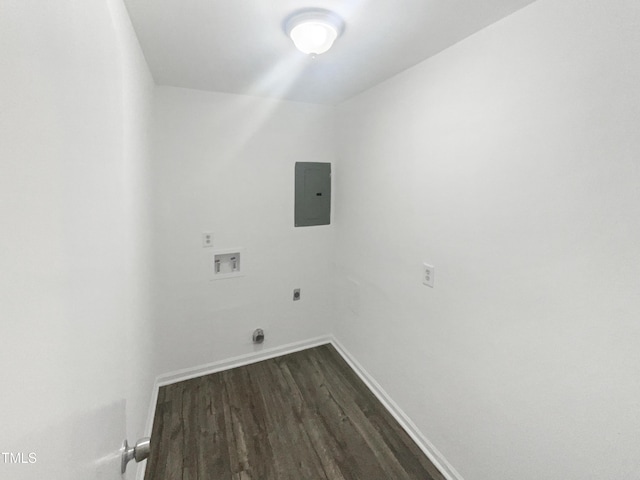 laundry room with hookup for an electric dryer, hookup for a washing machine, electric panel, and dark hardwood / wood-style floors