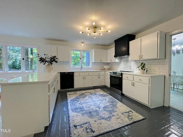 kitchen featuring an inviting chandelier, black dishwasher, backsplash, stainless steel electric range, and white cabinets