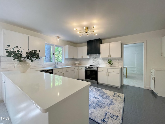 kitchen with exhaust hood, white cabinetry, electric stove, sink, and kitchen peninsula