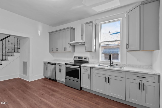 kitchen featuring stainless steel appliances, dark wood-type flooring, wall chimney range hood, sink, and gray cabinets