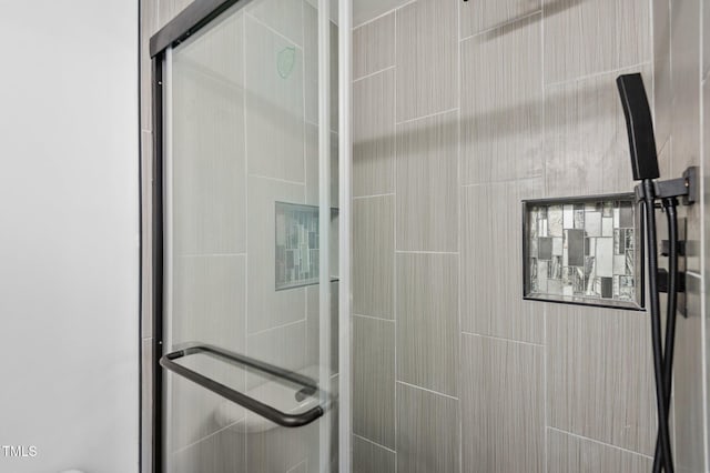 bathroom featuring a shower with shower door