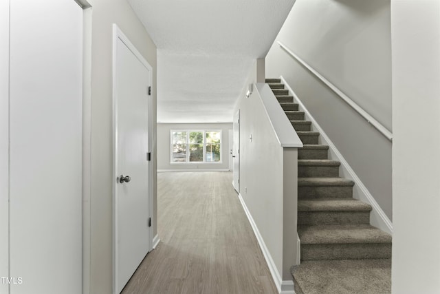 staircase with hardwood / wood-style flooring