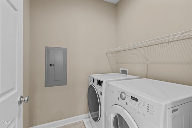 laundry room featuring electric panel and washing machine and clothes dryer