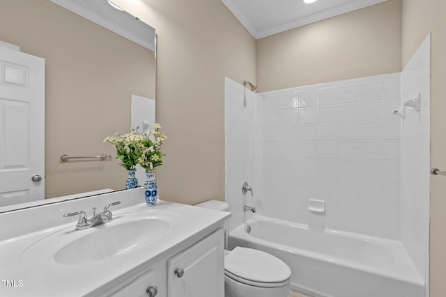 full bathroom with shower / tub combination, toilet, vanity, and ornamental molding