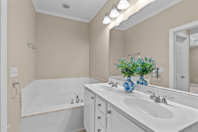 bathroom with vanity, tiled bath, and crown molding