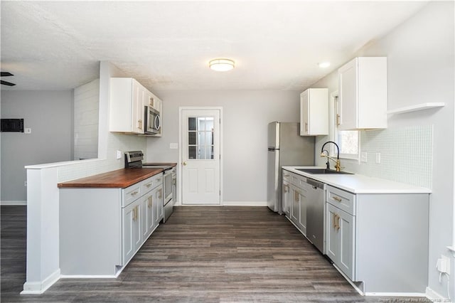 kitchen featuring white cabinetry, sink, stainless steel appliances, butcher block countertops, and backsplash