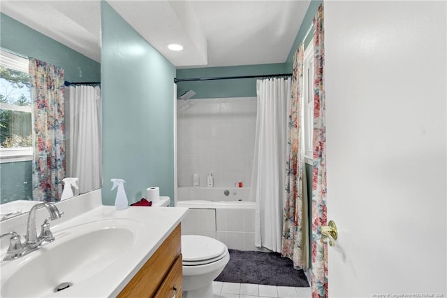 full bathroom with tile patterned floors, vanity, shower / bathtub combination with curtain, and toilet