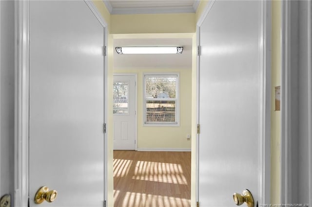 hall with light wood-type flooring and ornamental molding