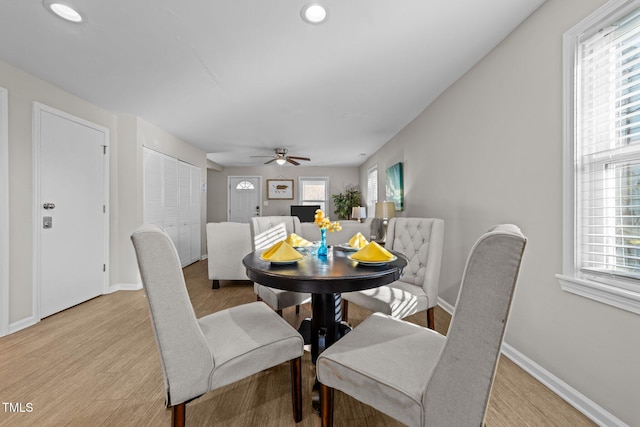 dining space with ceiling fan, a wealth of natural light, and light wood-type flooring