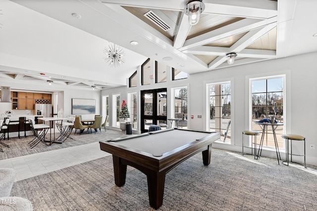 rec room featuring billiards, ceiling fan, tile patterned flooring, coffered ceiling, and beamed ceiling