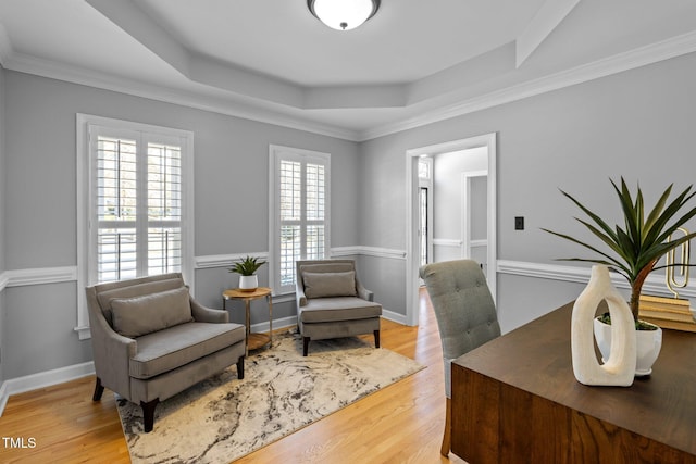 office featuring a tray ceiling, light wood-style flooring, and baseboards