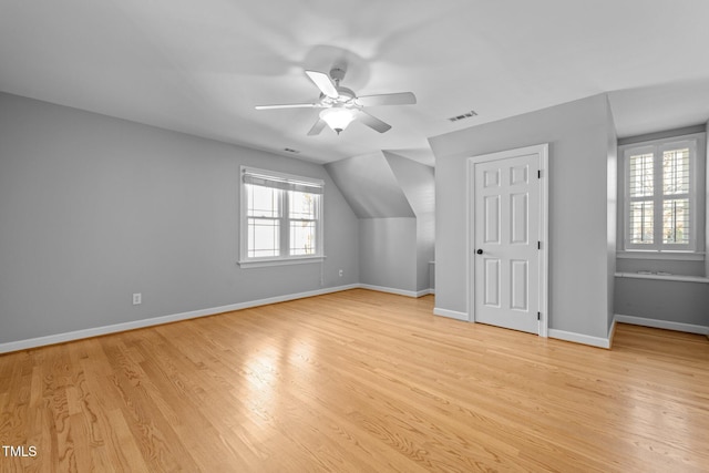 additional living space with baseboards, visible vents, and light wood finished floors