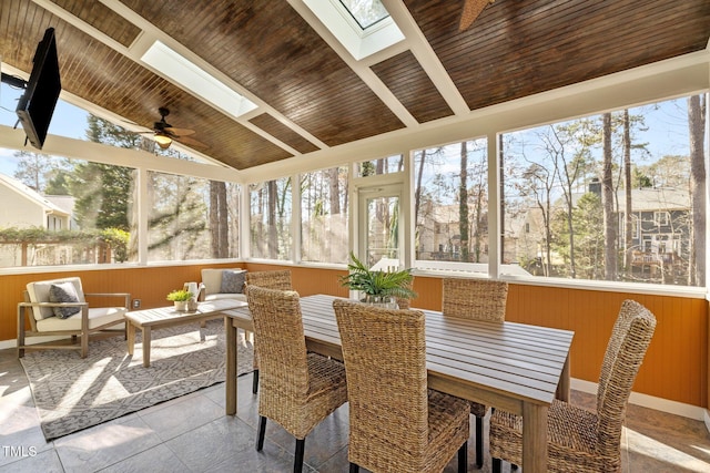 sunroom / solarium featuring ceiling fan, vaulted ceiling with skylight, and wood ceiling