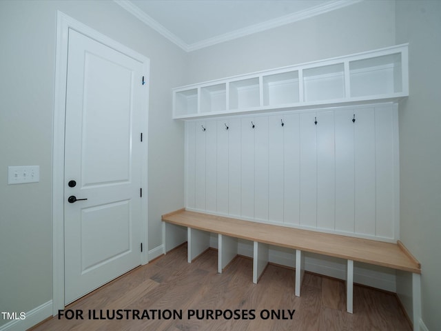 mudroom with baseboards, wood finished floors, and crown molding