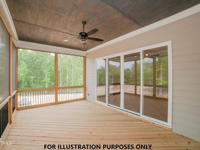 unfurnished sunroom featuring wood ceiling and a ceiling fan